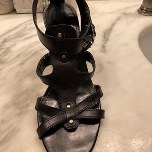 Franco Sarto black leather sandal 3 inch heel Sz 7 Used Some wear at ankle strap